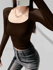 Square Neck Sheer Panel Crop T Shirt Brown / XS T Shirts