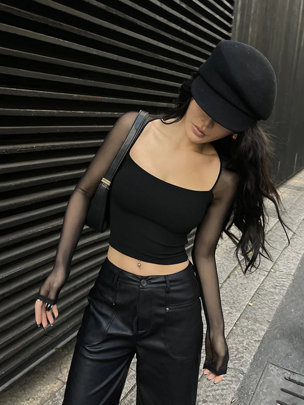 Square Neck Sheer Panel Crop T Shirt T Shirts