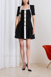 Square Neck Short Sleeve Colorblock Button Work Dress Black / S