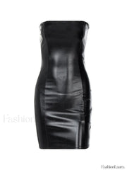 Strapless Black Faux Leather Mini Dress Mini Dresses