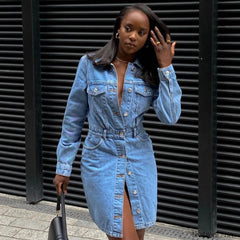 Street Style Long Sleeve Denim Midi Dress Blue M / Blue Denim Dresses