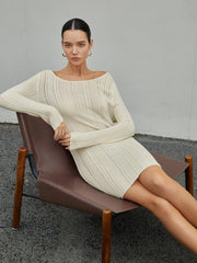 Strip Eyelet Texture Trendy Sweater Short Dress Apricot / XS Sweaters L