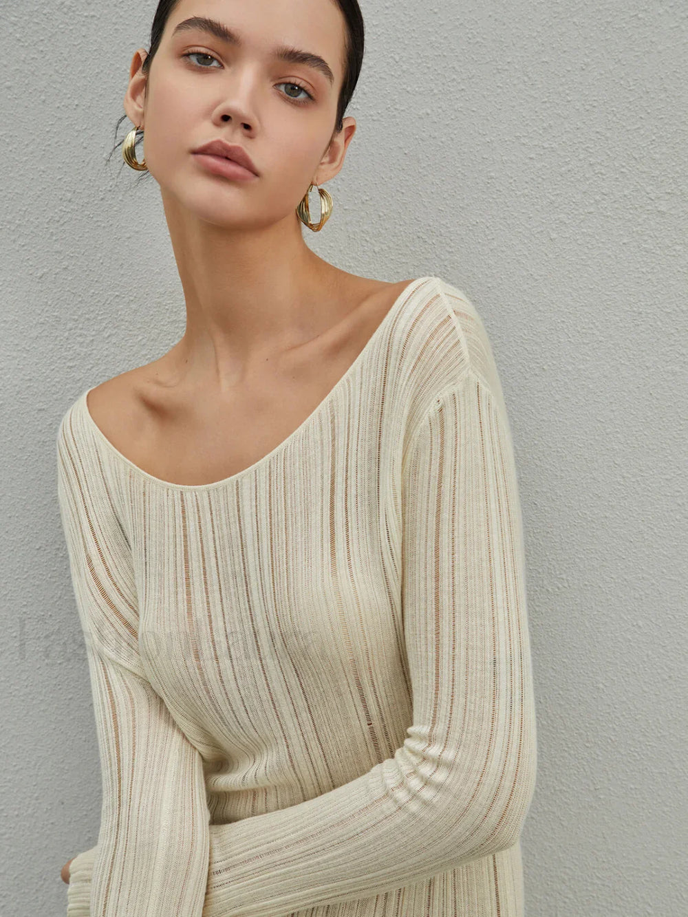 Strip Eyelet Texture Trendy Sweater Short Dress Sweaters L