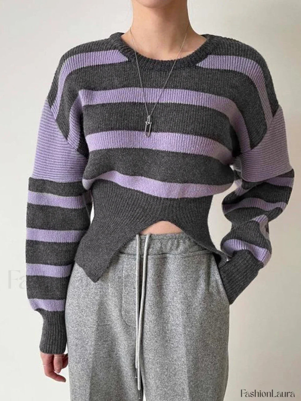 Stripe Asymmetric Graceful Notched Crop Sweater Purple / XS Sweaters L