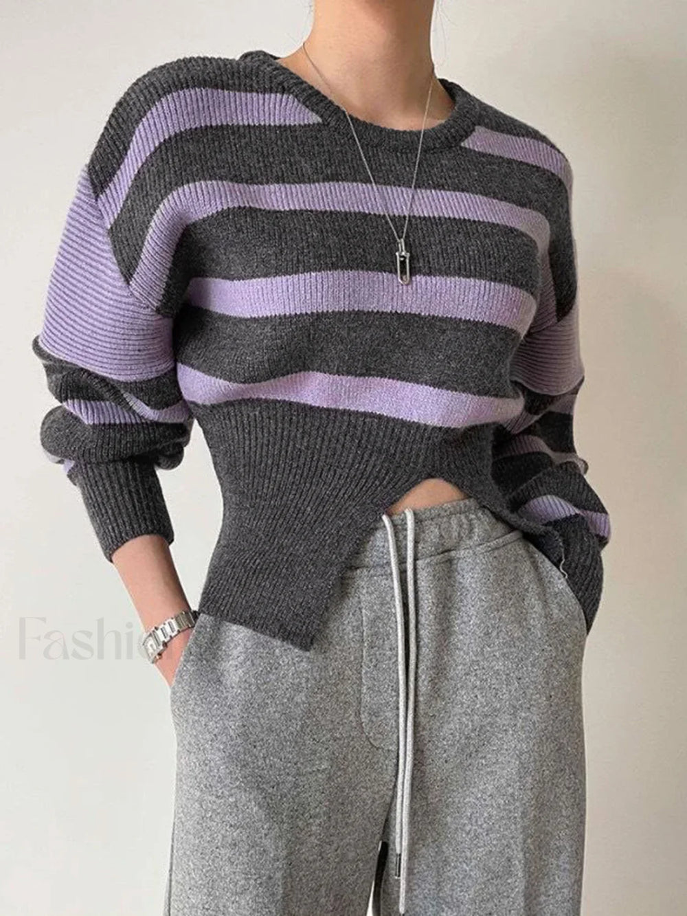 Stripe Asymmetric Graceful Notched Crop Sweater Sweaters L