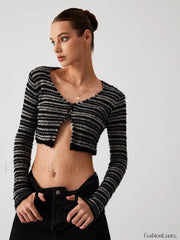 Stripe Fuzzy Fly Trendy Away Crop Cardigan Sweaters L