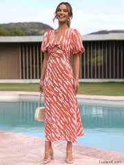 Stripe Pattern Graceful Cutout Long Dress OrangeRed / XS Dresses