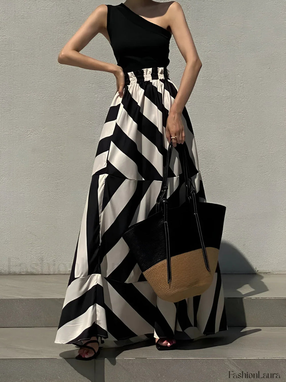 Stripe Print Graceful Long Skirt Skirts
