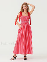 Striped Bow Shirred Maxi Dress