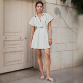 Striped Lace Up Hollow Lapel Casual Work Dress Light Green / S