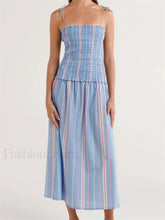 Striped Spaghetti Patchwork Maxi Dress blue / S
