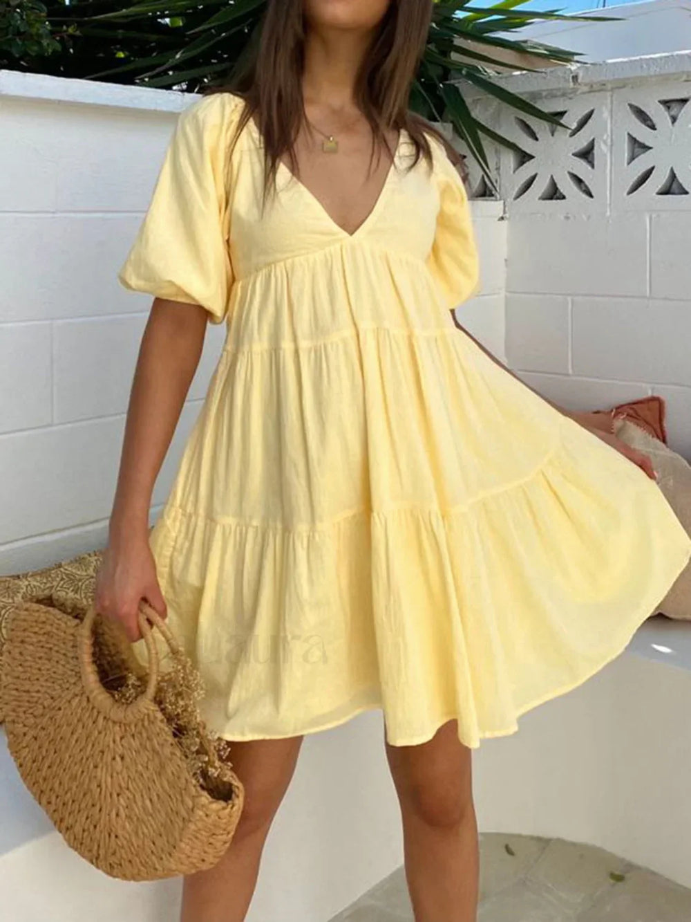 Sunshine Zippered Plunge Trendy Skater Short Dress Yellow / S Dresses