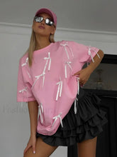Sweet Bow Tassels Cotton T Shirt Dark Pink / S