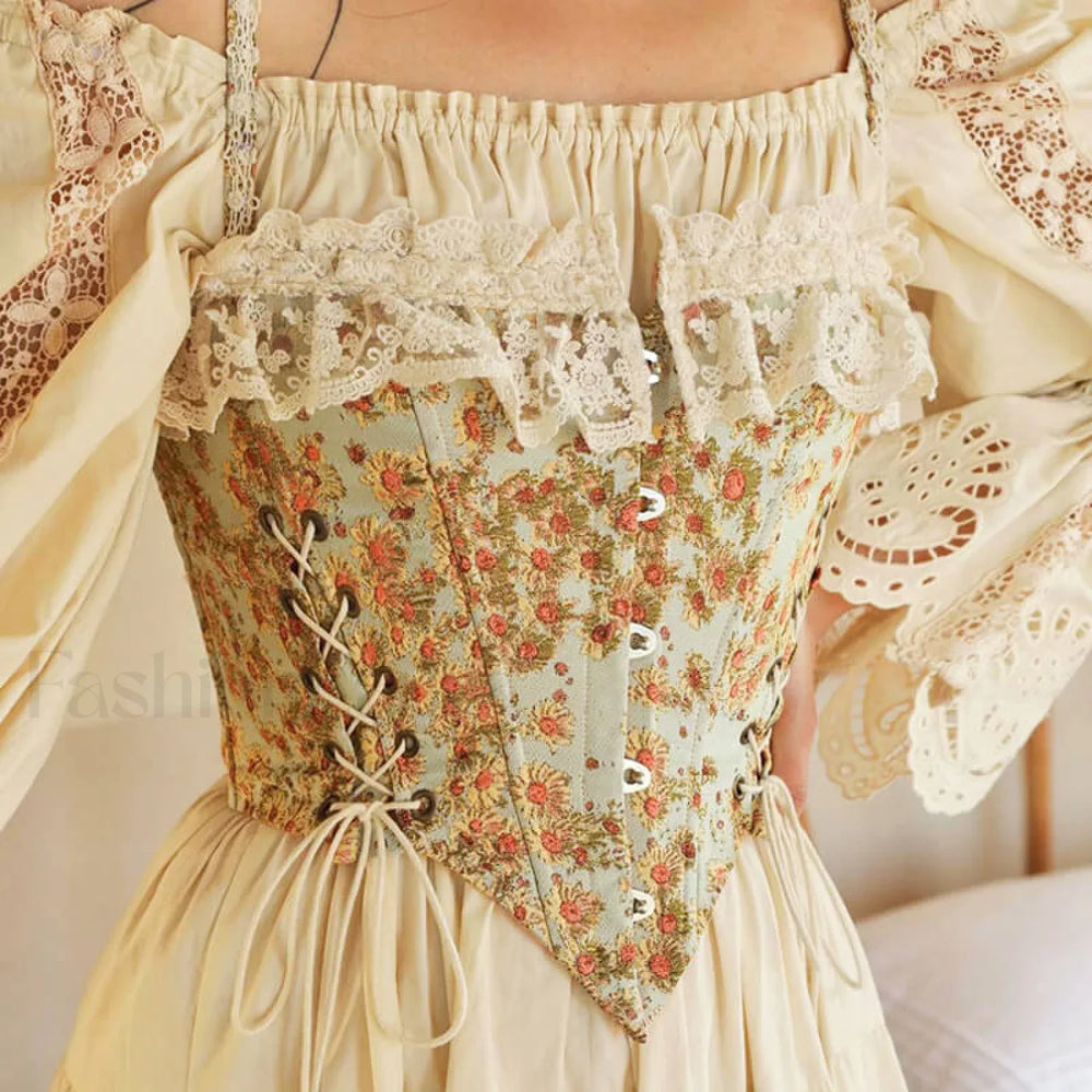 Sweet Ruffled Hook and Eye Lace Up Side Floral Crop Corset Top Green S / Green Crop Tops