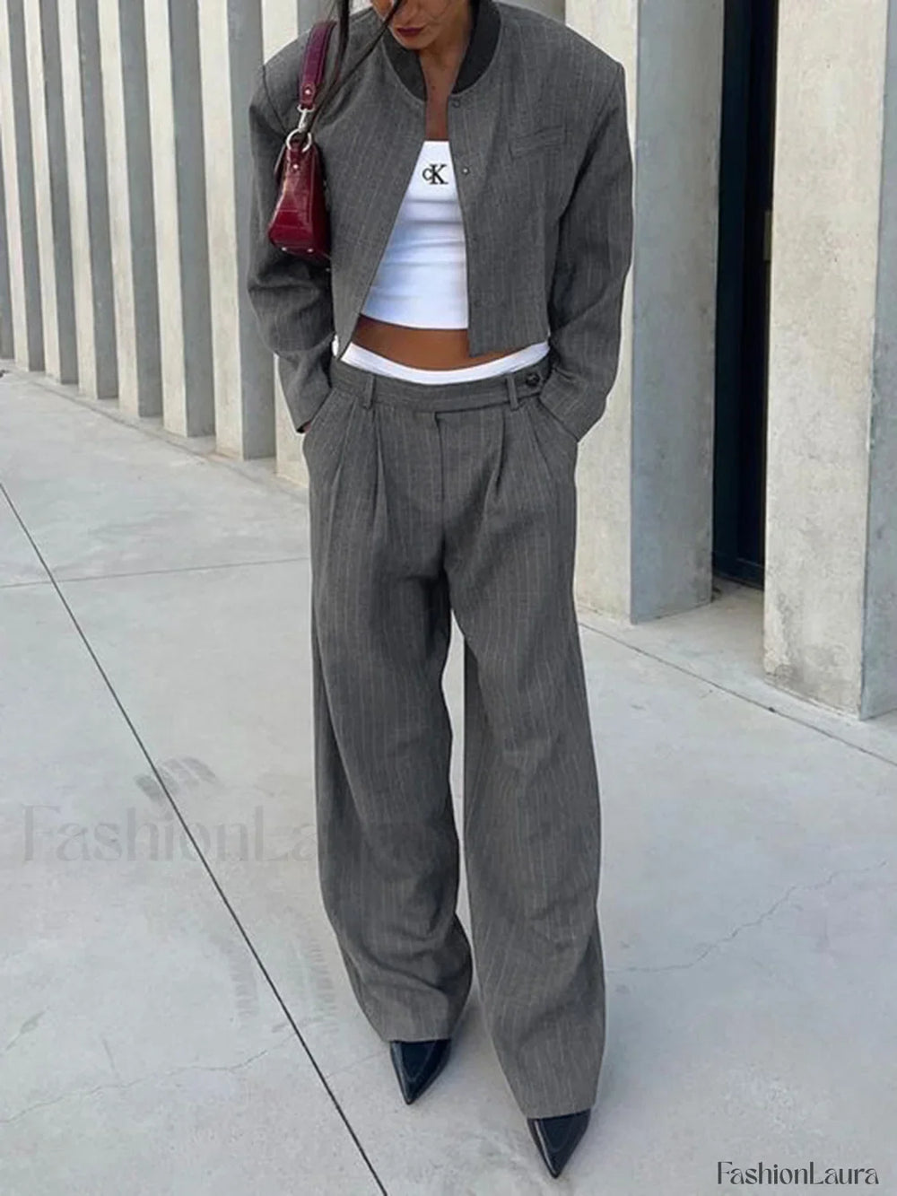 Tailored Pinstripe Graceful Patchwork Collar Jacket Jackets