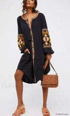 Tassel Lantern Sleeve Boho Dress Black / S