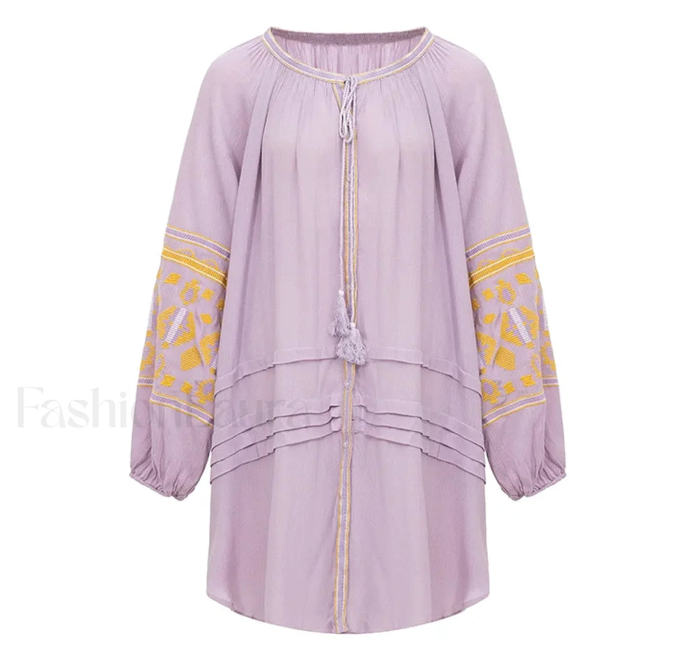 Tassel Lantern Sleeve Boho Dress Lavender / S