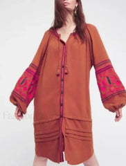 Tassel Lantern Sleeve Boho Dress ORANGE RED / S