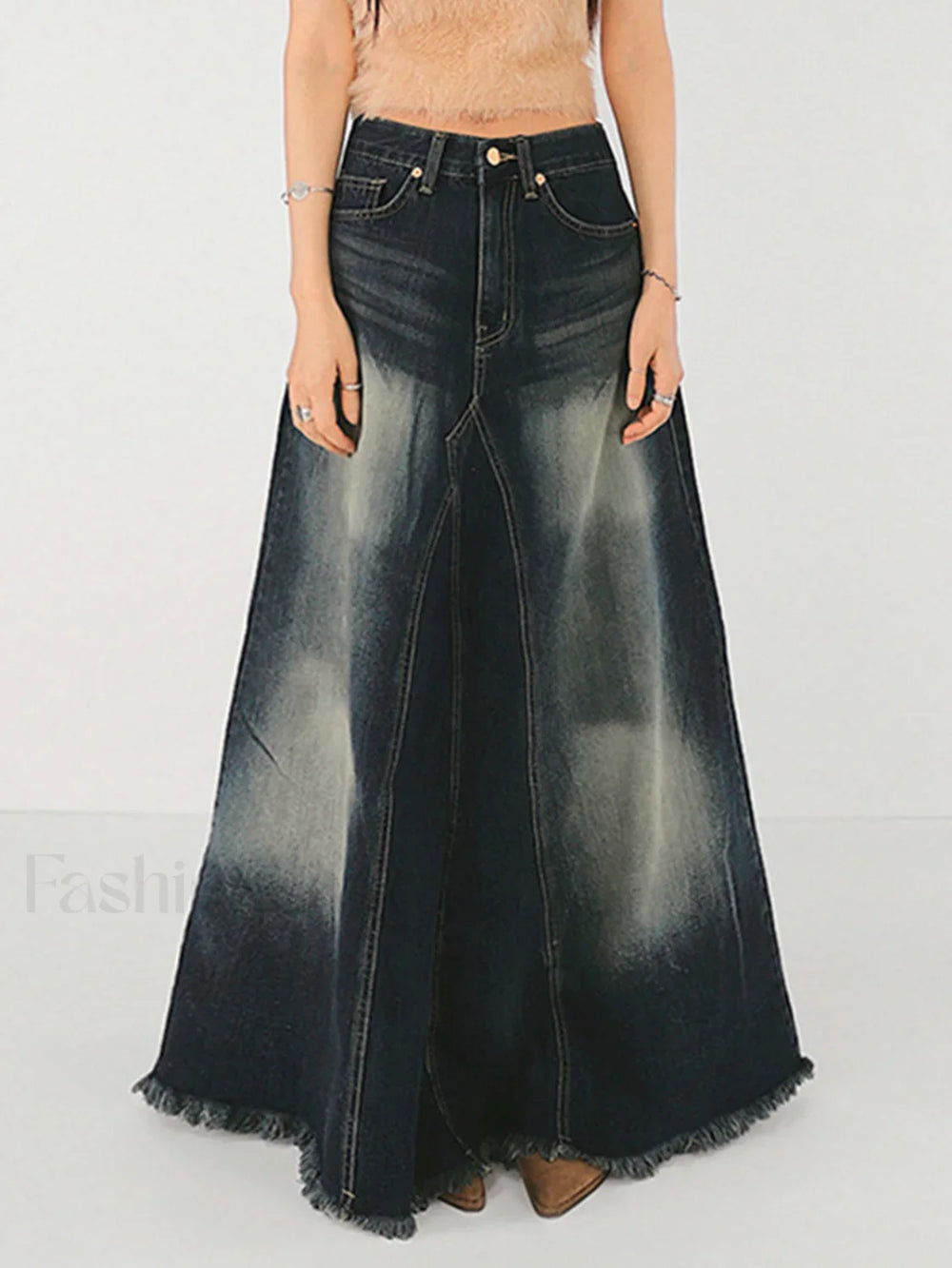 Tassels Hem Graceful Long Denim Skirt Blue / XS Denim Skirts
