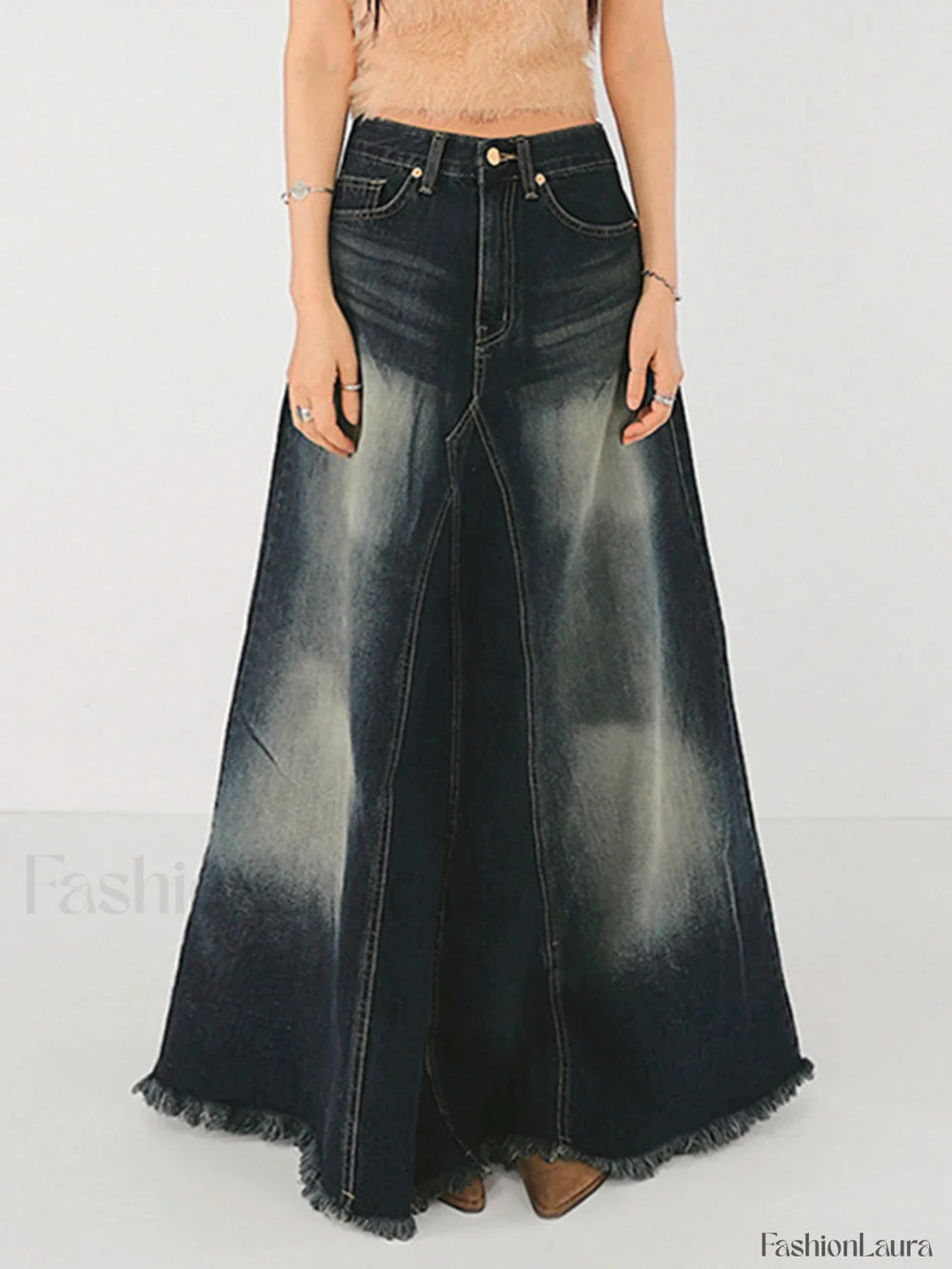Tassels Hem Graceful Long Denim Skirt Blue / XS Denim Skirts