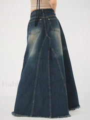 Tassels Hem Graceful Long Denim Skirt Denim Skirts