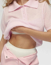 Thin Knit Polo Button Loose T Shirt Pink / S