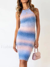 Tie Dye Halter Knit Bodycon Midi Dress Blue / S Midi Dresses