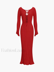 Tie Front Backless Lace Trendy Up Sweater Long Dress Red / S Sweaters L
