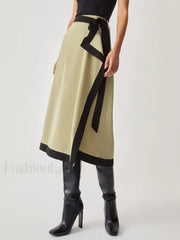 Tie Front Contrast Trendy Trim Midi Skirt Khaki / XS Skirts