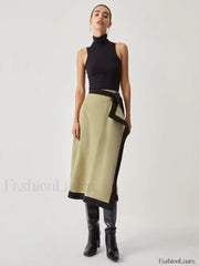 Tie Front Contrast Trendy Trim Midi Skirt Skirts