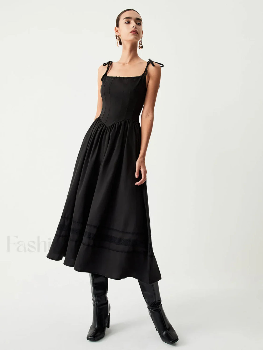 Tie Shoulder Graceful Pleated Midi Dress Black / XS Dresses