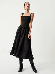Tie Shoulder Graceful Pleated Midi Dress Black / XS Dresses