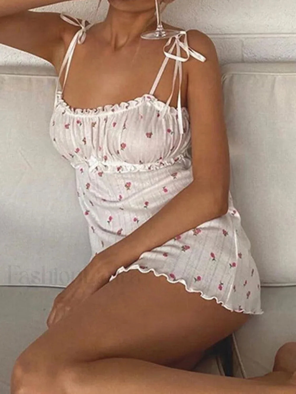 Tie Strap Frill Trim Floral Mini Dress Mini Dresses