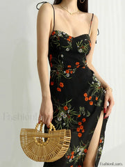 Tie Strap Slit Black Maxi Dress Black / S Maxi Dresses