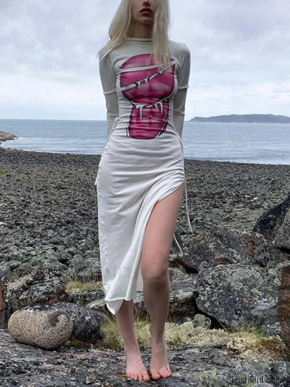 Tie Strap Slit Long Sleeve Maxi Dress White / S Maxi Dresses