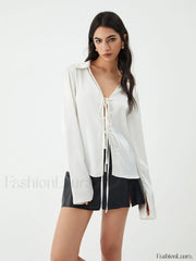 Tie Up V Neck Trendy Long Sleeve Blouse Blouses