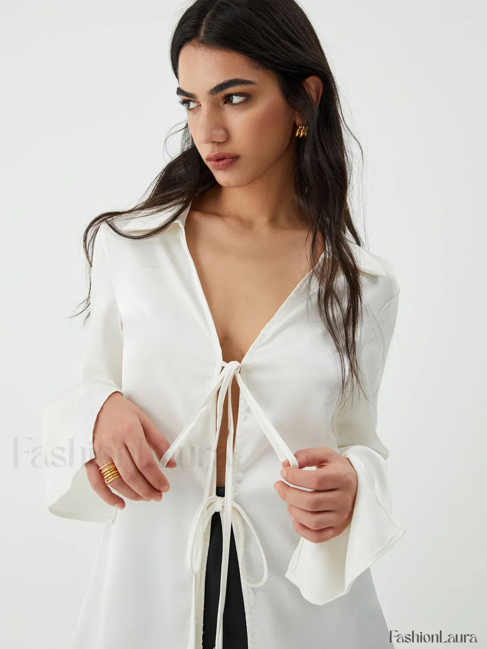 Tie Up V Neck Trendy Long Sleeve Blouse Blouses