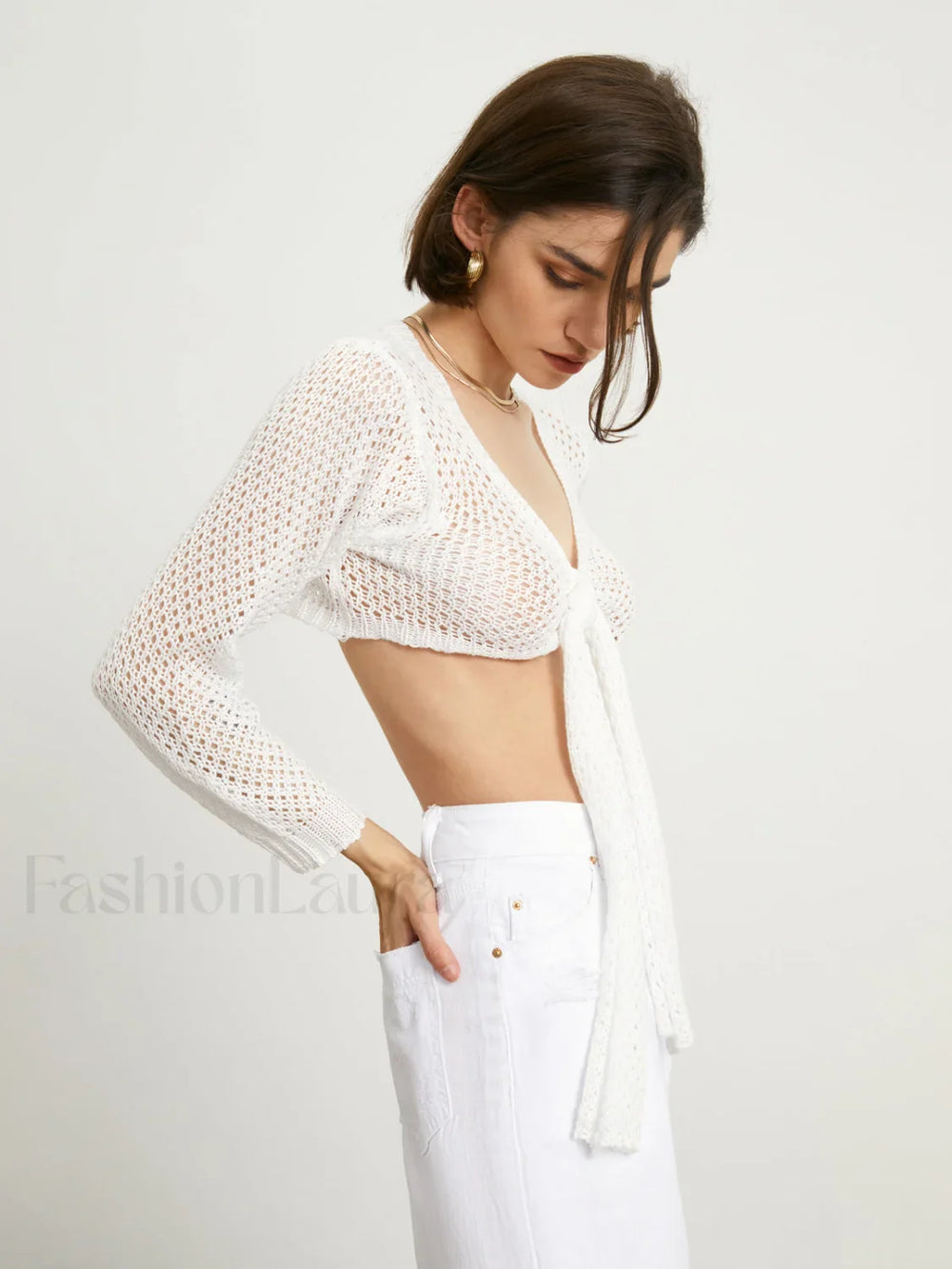 Tied Charming Pointelle Cardigan Sweaters L