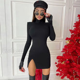 Trendy High Neck Long Sleeve Front Slit Party Mini Dress Black S / Black Party Dresses L