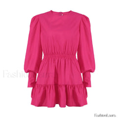 Trendy Puff Sleeve Gathered Waist Ruffle Smock Mini Dress Hot Pink L / Hot Pink Party Dresses
