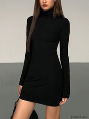 Turtleneck Open Back Trendy Long Sleeve Short Dress Dresses