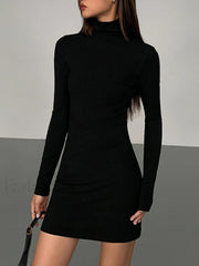 Turtleneck Open Back Trendy Long Sleeve Short Dress Dresses