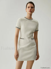 Tweed Contrast Trim Trendy Pocket Mini Dress White / XS Dresses