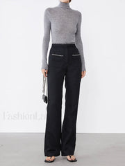 Tweed Contrast Trim Trendy Pocket Straight Leg Pants Pants