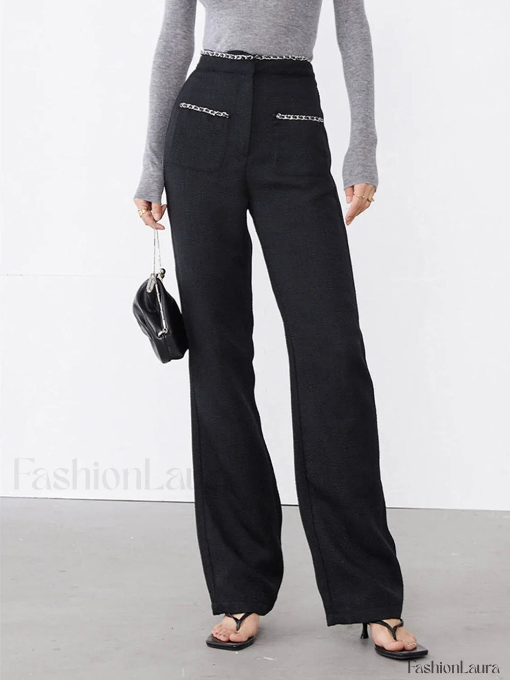 Tweed Contrast Trim Trendy Pocket Straight Leg Pants Pants