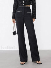 Tweed Contrast Trim Trendy Pocket Straight Leg Pants Black / XS Pants