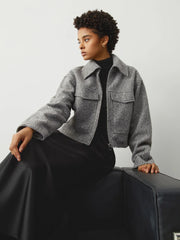 Tweed Open Collar Trendy Zip Up Crop Jacket Grey / XS Jackets