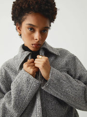 Tweed Open Collar Trendy Zip Up Crop Jacket Jackets
