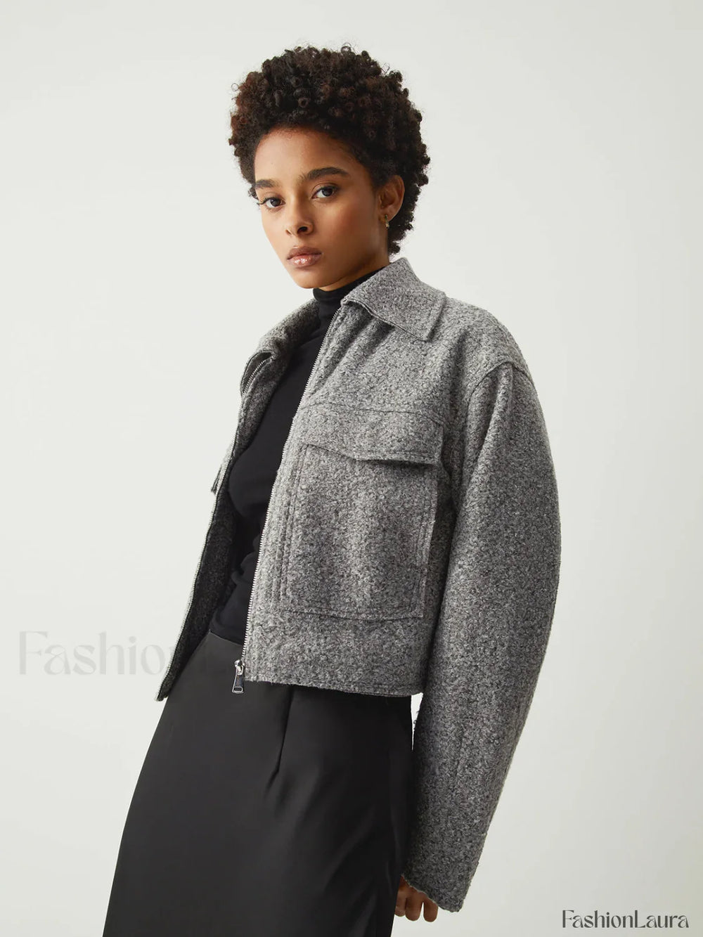 Tweed Open Collar Trendy Zip Up Crop Jacket Jackets