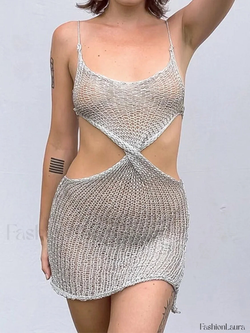 Twisted Cutout Crochet Mini Dress Silver / S Mini Dresses